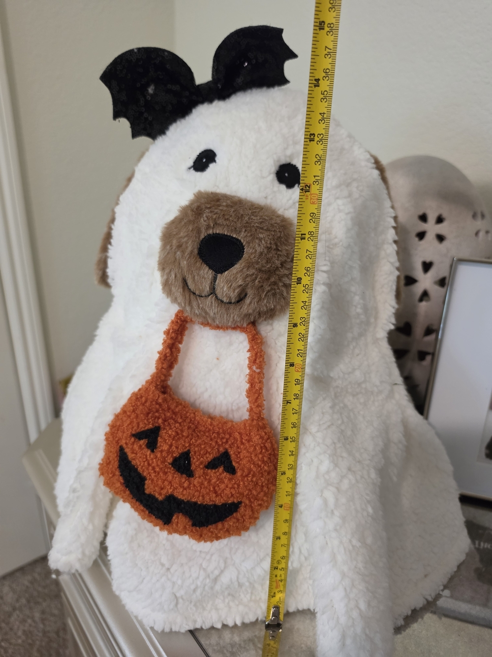 Stuffed White Plush Ghost Dog Costume with Orange Pumpkin Bag - Picture 2 of 3